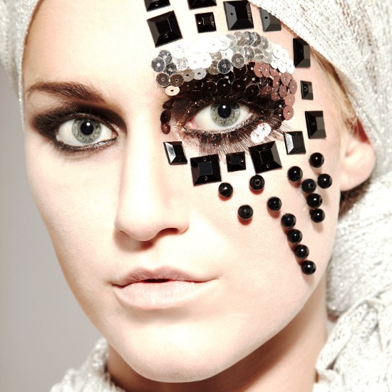 Avant-garde Eye Makeup with Black Beads and Sequin