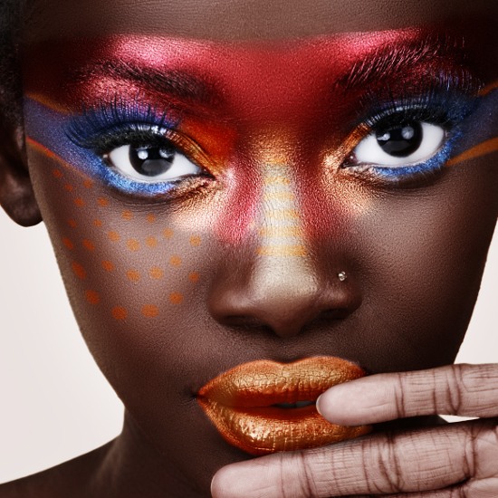 Avant-garde Eye Makeup with Shimmer Red and Blue Eyeshadow